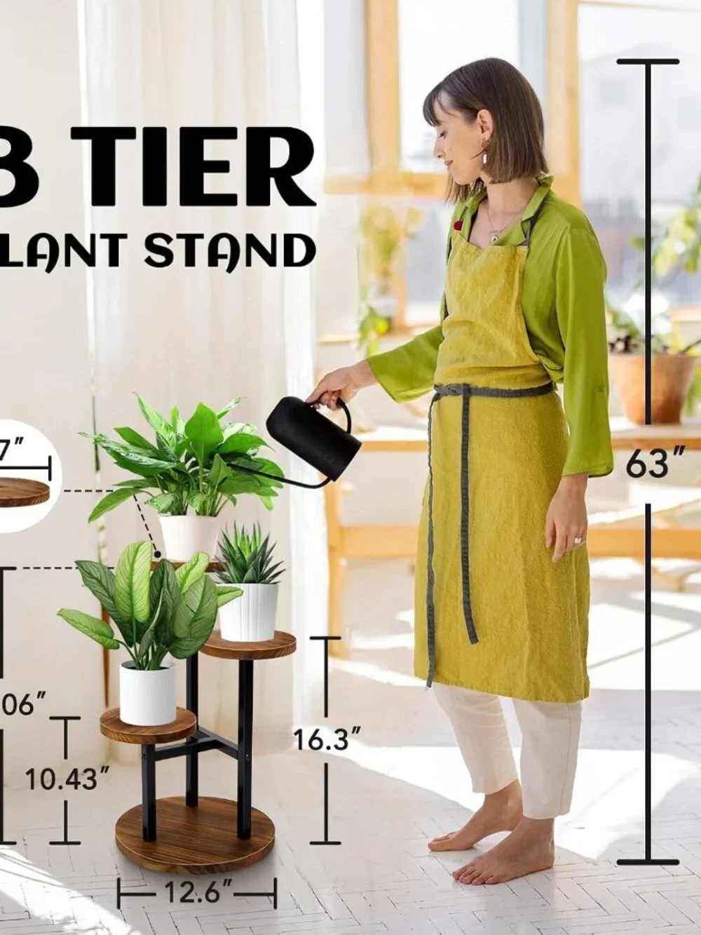 3 Tier Plant Stand, Tall Metal Wood Shelf Holder for Indoor, Outdoor Display Rac - Picture 3 of 8